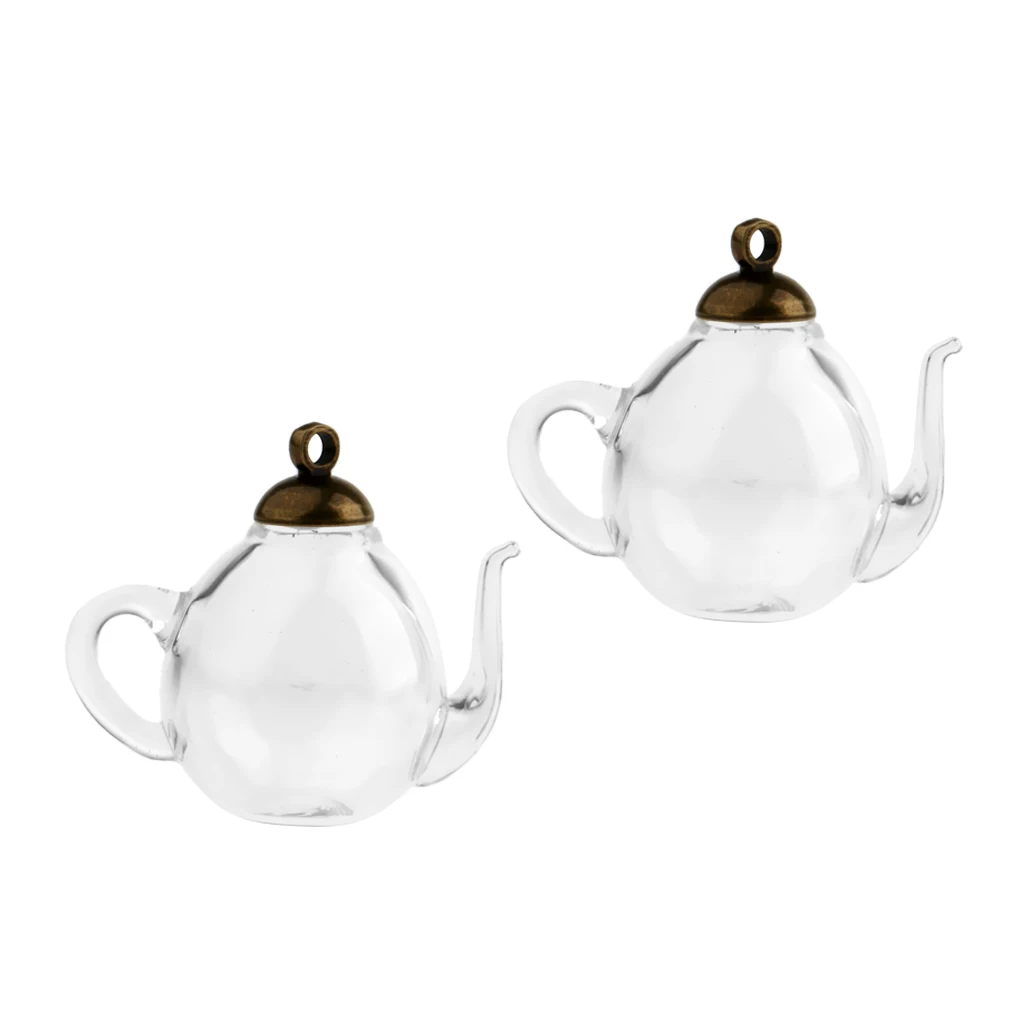 2Pcs Mini Teapot Empty Glass Wishing Cap Bottles Vial Pendant Charms Craft DIY