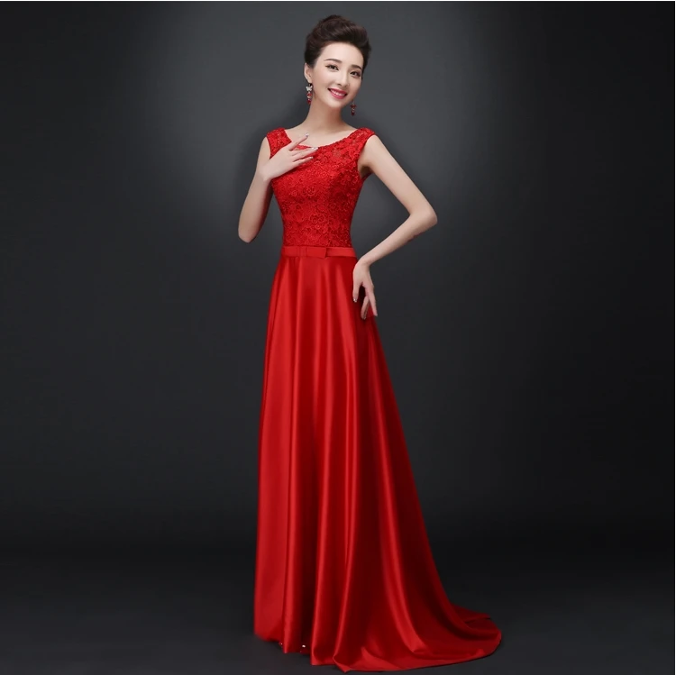 New Long Evening Dresses Glamorous Lace Satin Red White Bride Gown Ball Prom Party Homecoming/Graduation Formal Dress