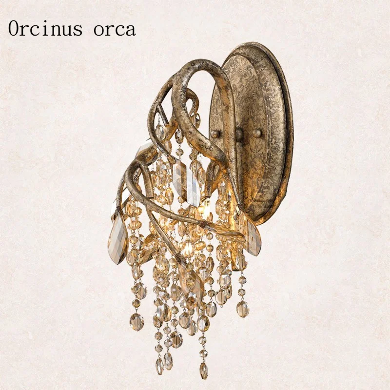 Luminária de parede de cristal antiga, estilo americano, para sala de