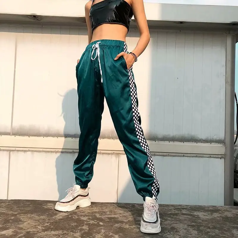 

Patchwork Checkerboard Ribbon Pants Womens Casual Loose Joggers Trousers High Waist Sweatpants Streetwear Harem Pants