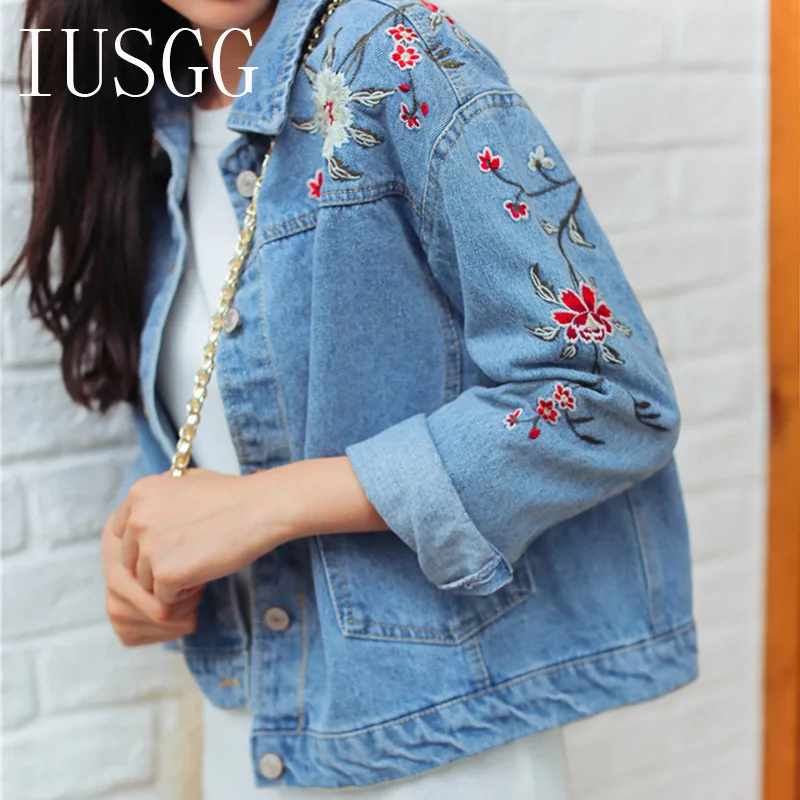 

IUSGG Women Vintage Flower Embroidered Denim Jacket Flower Vine Patches Women Spring Coat Oversized Retro Print Jeans Oversize