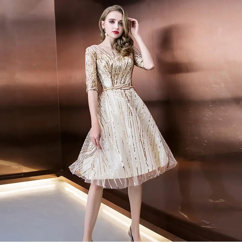 Новое поступление, вечерние платья для выпускного вечера vestido de noiva sereia, вечернее платье de soiree, узкое Золотое платье с короткими рукавами и блестками