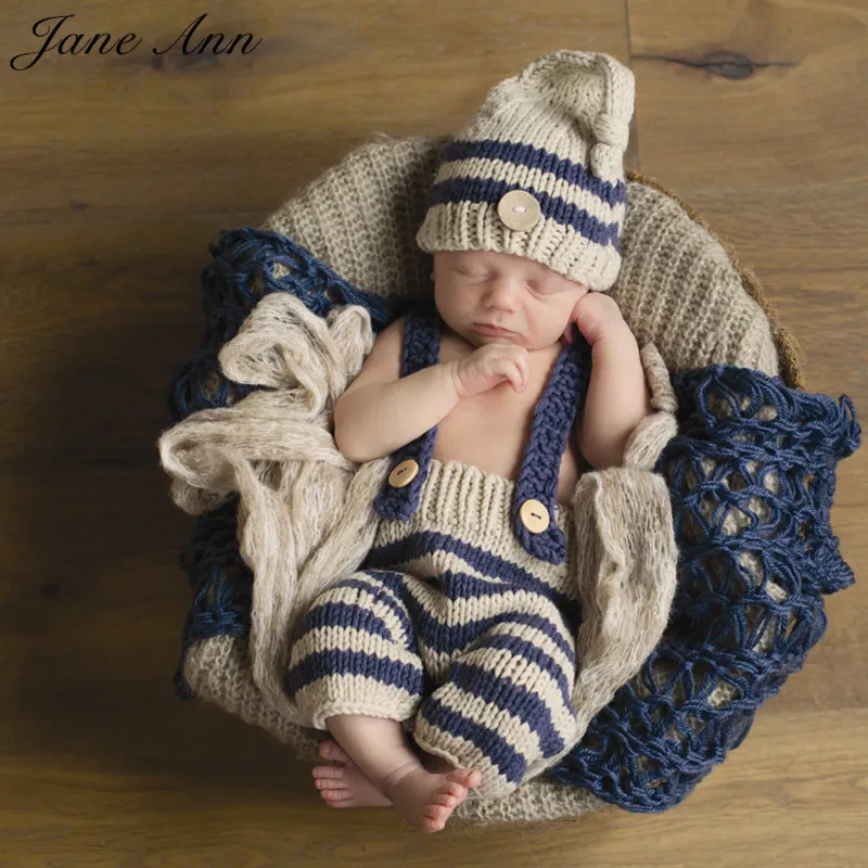 Traje de Crochê Beanie + Calças do Chuveiro do Bebê Jane Bebê Recém-nascido Fotografia Adereços Infantil Malha Azul Listrado Macio Outfits Presente z Ann