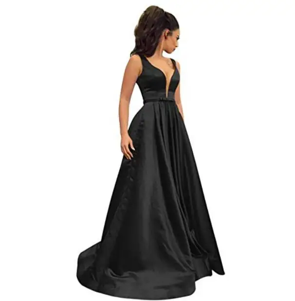 Элегантные вечерние платья Длинные с карманами ТРАПЕЦИЕВИДНОЕ ПЛАТЬЕ с двойным v-образным вырезом сзади атласное вечернее платье для женщин - Цвет: Черный