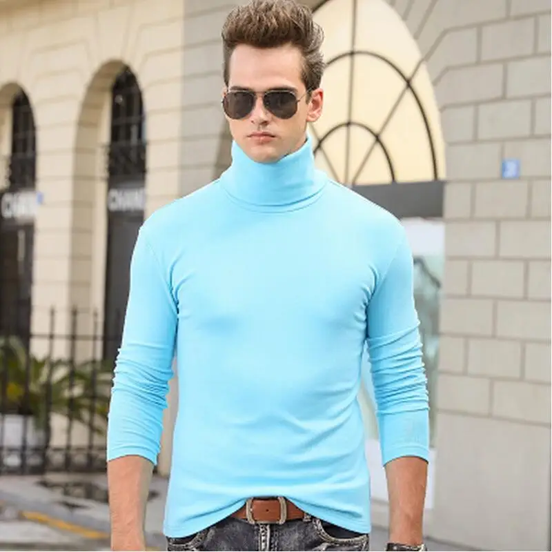 sky blue Футболка мужская футболка мужская Водолазка с длинным рукавом футболка s Зимняя Термофутболка Мужская тонкая плотная модная повседневная футболка Топы - Цвет: sky blue