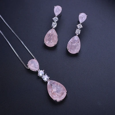 Newranos серьги-гвоздики в форме капли воды и ожерелье с кулоном, вечерние Ювелирные наборы, подарок для женщин SFX003912 - Окраска металла: Pink -white plated