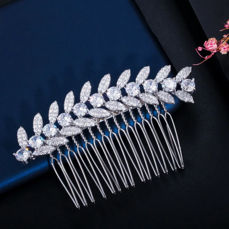 CWWZircons Luxury White Gold Color Shiny Cubic Zirconia Stone Leaf Bridal Wedding Hair Combs Pins Jewelry Accessories A011