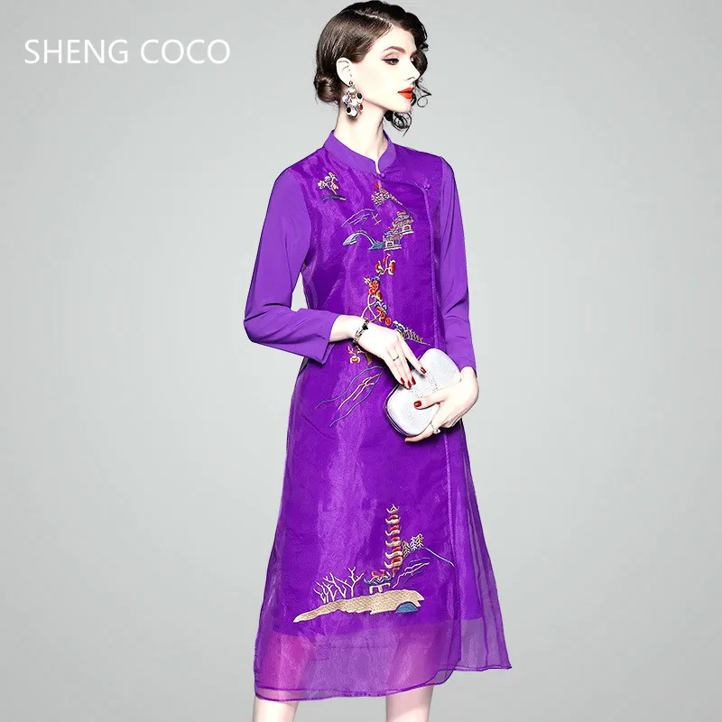 SHENG Коко Для женщин фиолетовый Cheongsam Qipao платья Китайский пряжи вышивки с длинным рукавом Oriental современная мода стоячим воротником