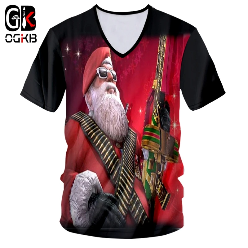 OGKB Man Large Size 5XL 6XL 3D Printed Domineering The Santa Claus And Pistol Lovely Men's V Neck Tshirt |