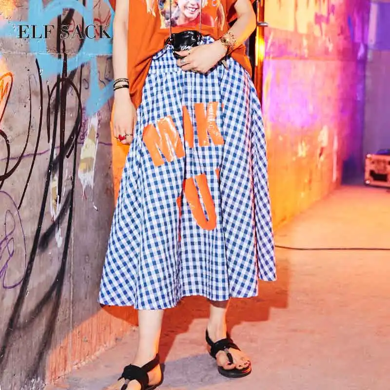 

ELF SACK Autumn New Woman Skirt European Casual High Waist Ins Style Skirts Letter Print Vintage Female Skirts Sukol Streetwear