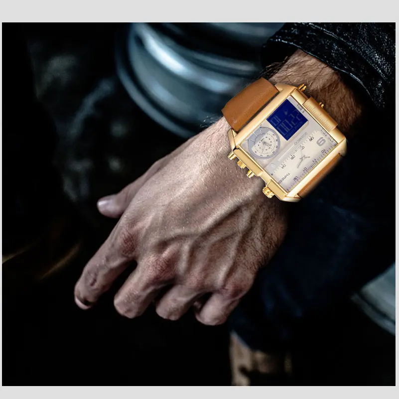 Sports watch Big Dial Casual fashion waterproof Unique Design Square Men Wristwatch Wide Leather Strap Electronics  Male Watches