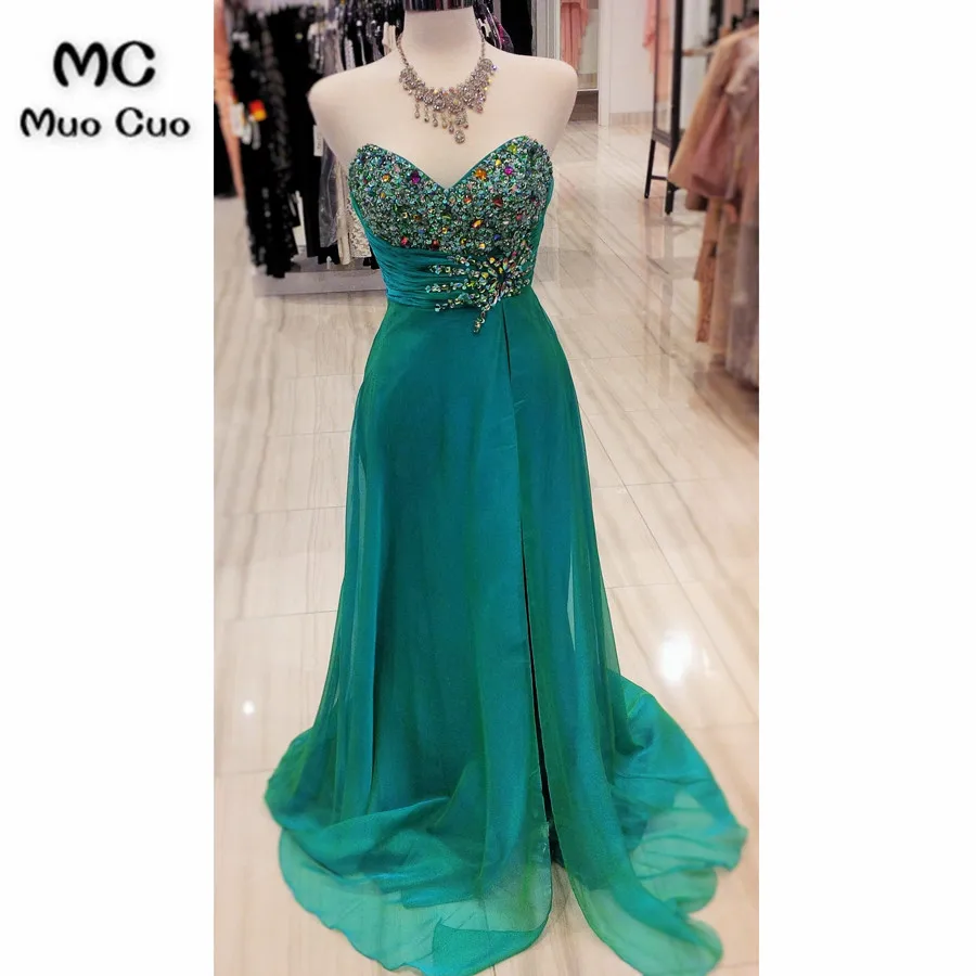 

Elegant 2018 Teal Prom Dresses Long with Crystals Beaded Lace Up Back Floor Length Tulle Formal Evening Party Dress for women