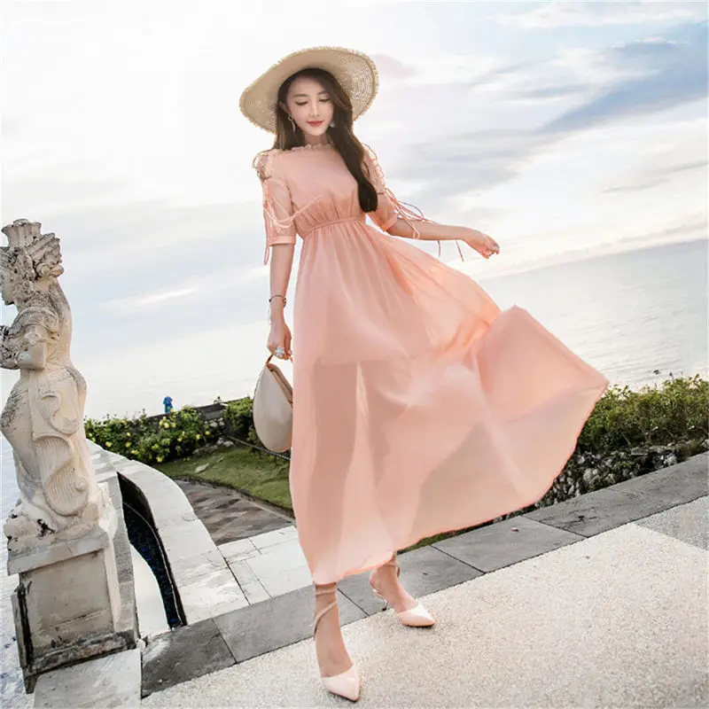 Новые модные Boho однотонные красные шифоновое пляжное платье Для женщин 2019 Лето