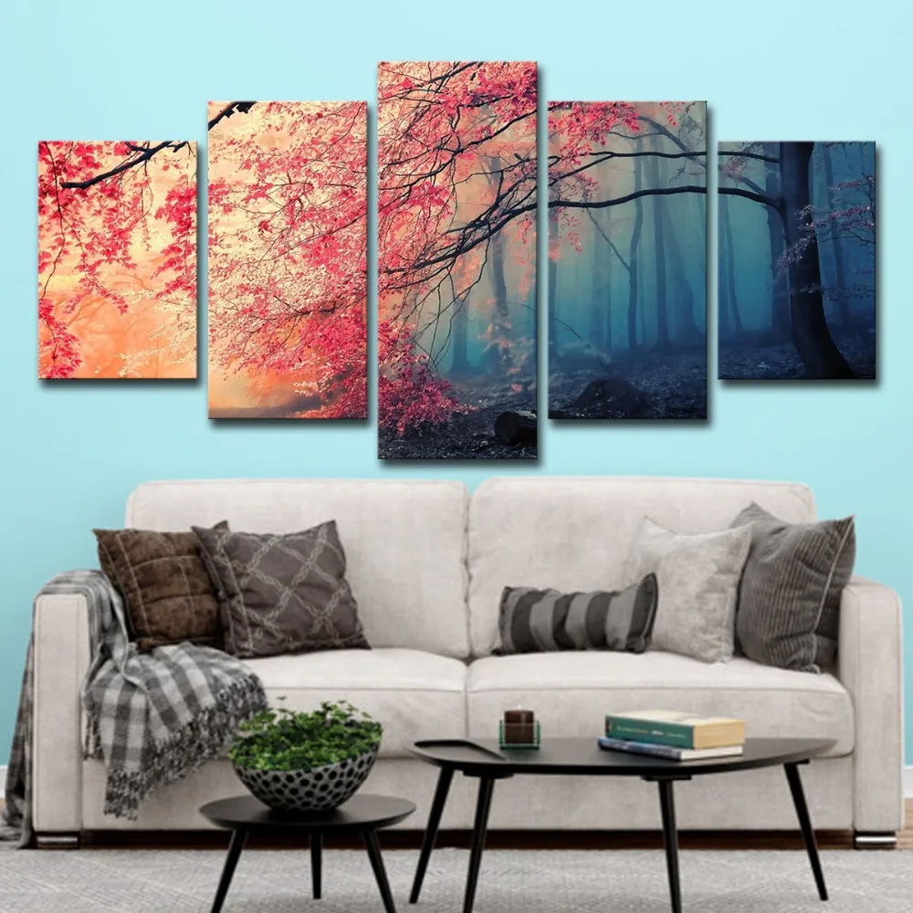 5P0037 Canvas HD Prints Posters Home Decor Wall Art Red Trees Forest Pictures 5 Pieces Cherry Blossoms Paintings Living Room Framework  (4)