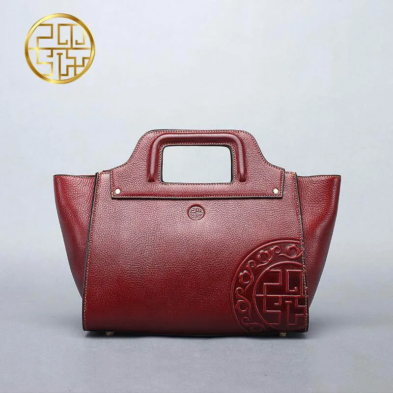 

PMSIX New quality Superior cowhide woemn genuine leather bag fashion Retro Embossed Floral tote bag women handbags wing bag
