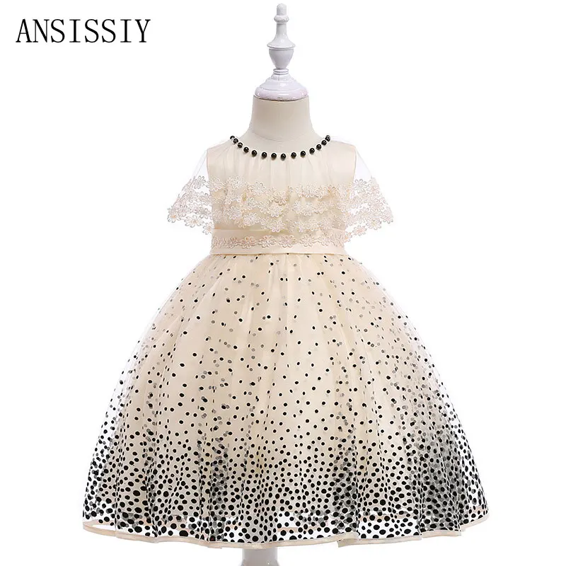 

Summer Sleeveless Beading Girls Kids Dress Polka Dots Lace Princess Vestido Cloth for 4 to 8 Years Child Birthday Party