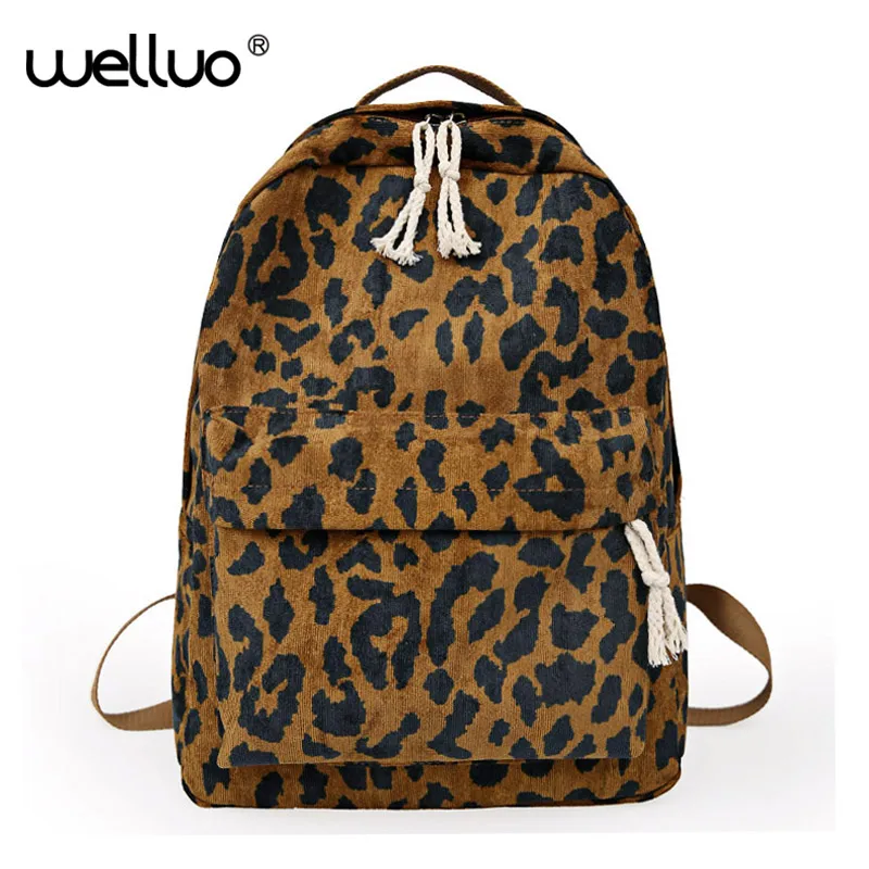 Fashion Female Backpack Leopard Print Corduroy Dual Straps Woman Travel Backpack Large Capacity Girl School Shoulder