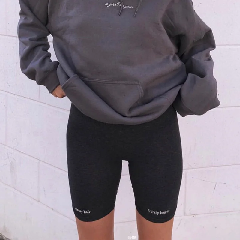 

Women high waist shorts elastic waist fitness casual short mujer summer letter print black shorts korean fashion biker shorts