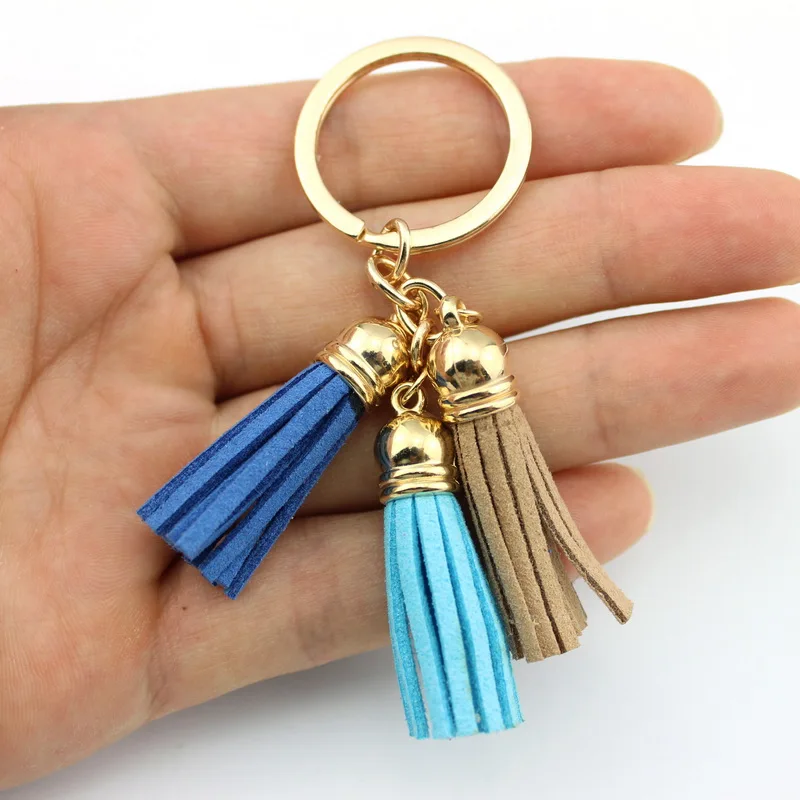 ZWPON Gold Colorful Triple Leather Tassel Fringe Key Chain & Key Rings for Woman Bag Packing Jewelry Wholesale