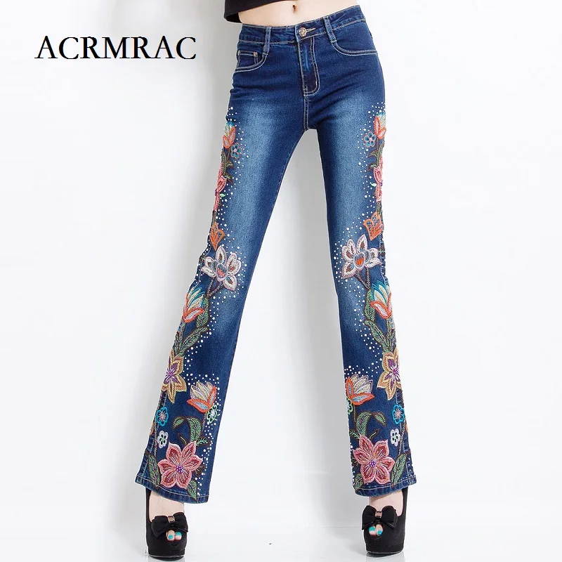 

ACRMRAC women jeans woman Spring and autumn Elasticity High waist Ethnic style embroidery Full Length jeans Women