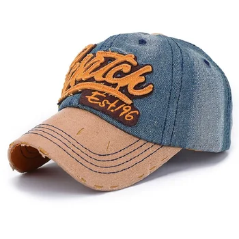 

Spring and Summer Washed Denim Baseball Cap with Embroidered applique Distressed leathery peak Letter Panelled Hat for Men Women