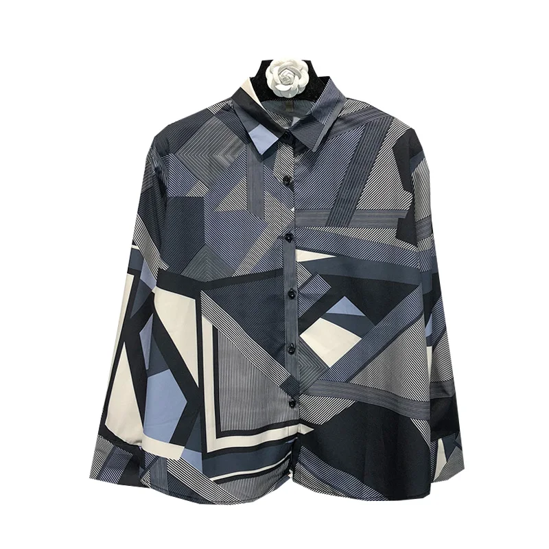 Korean Style Loose Long-sleeved Turn-down Collar Irregular Geometric Pattern Shirt Female Autumn New Wild Blouse |