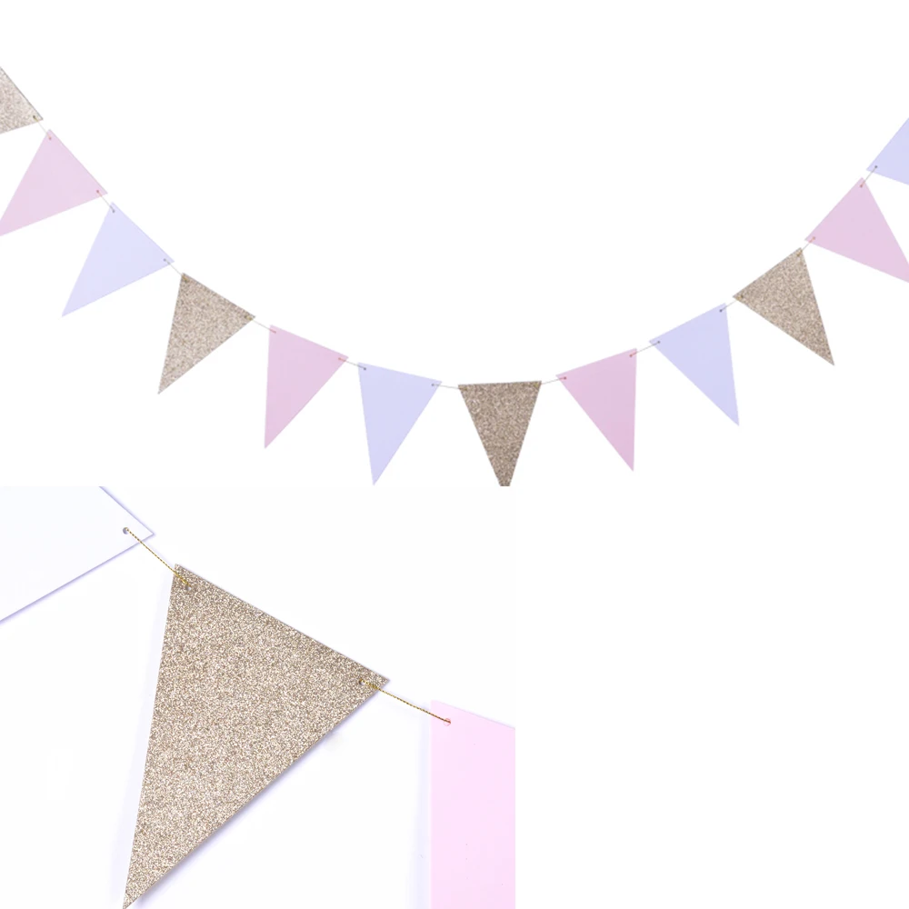 Glitter Gold Pink White Vintage Pennant Banner Paper Flags Bunting