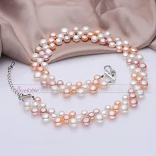 3 fila de agua dulce naturales de múltiples capas gargantilla mujeres collares de perlas, collar de perlas real cuello de dama de honor de la boda regalo de cumpleaños mamá