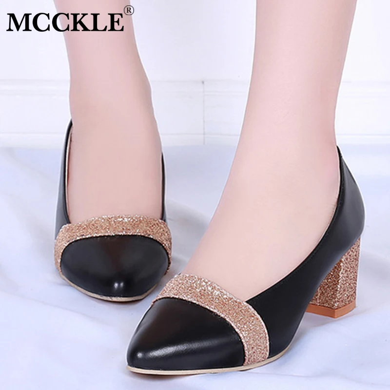 

MCCKLE Women Autumn Block High Heels Female Pointed Toe Shallow Slip On Glitter Office Shoes Ladies 2018 Fashion Footwear