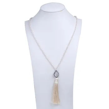 

New style natural stone bead and crystal necklace with drop tassel women necklace jewelry long pendant necklace
