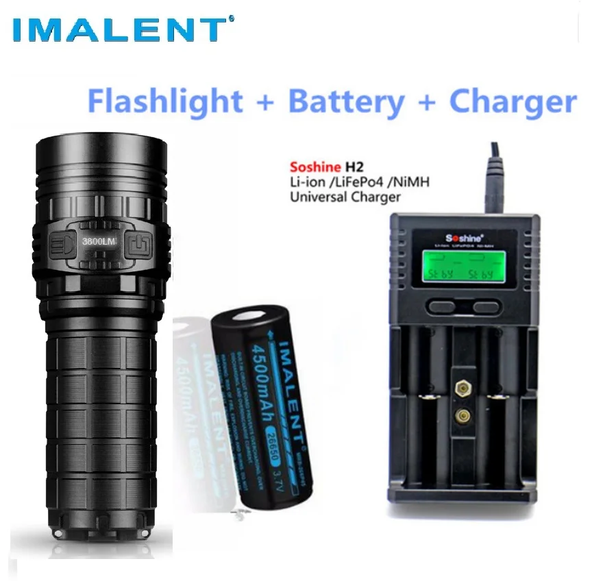 

IMALENT DN70 LED Flashlight CREE XHP70 3800LM beam throw 325m tactical torch with 26650 battery + Soshine H2 Smart Charger