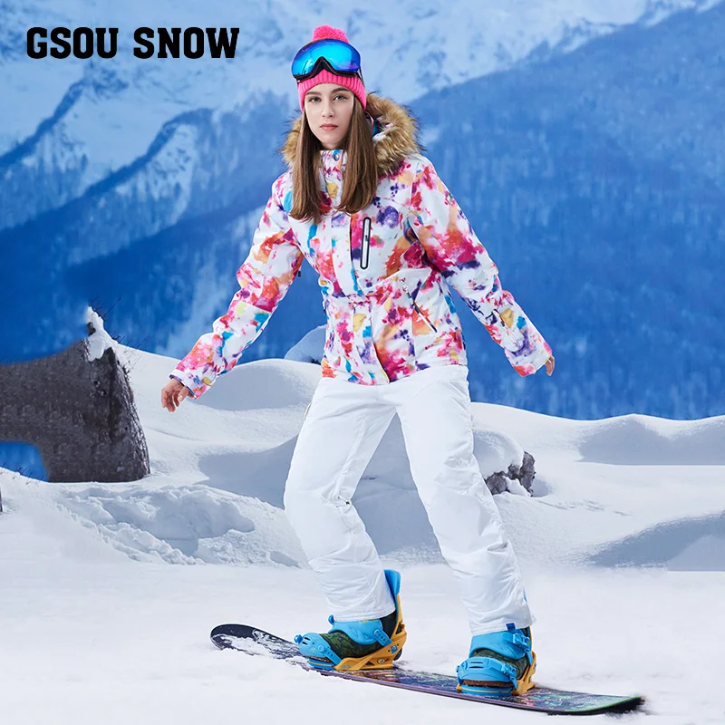GSOUSNOW лыжный костюм, женский ветрозащитный, теплый волос, большой воротник волос, лыжная куртка, костюм для горного туризма, аварийная одежда