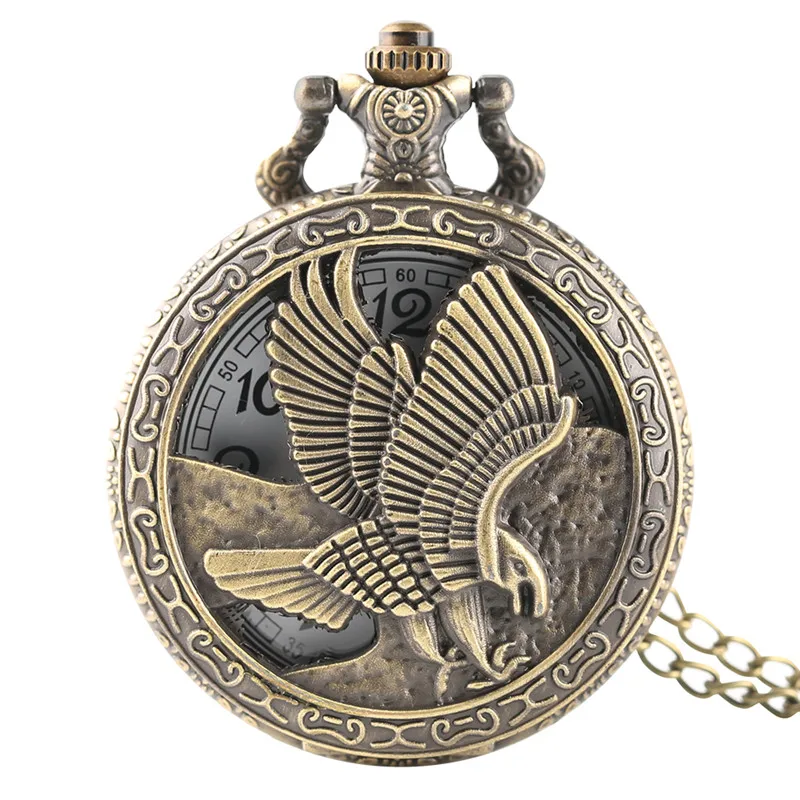 

Vintage 3D Flying Eagle Cover Necklace Pocket Watch Bronze Hawk Wing Pendant Fob Chain Quartz Clock Souvenir Gifts for Men Women