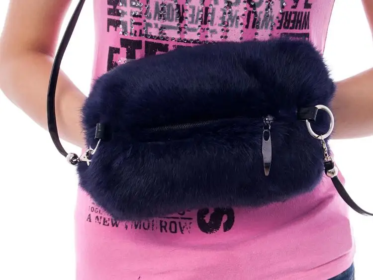 Сумка из натуральной кожи с кроличьими ручками, портативная ручная теплая меховая муфта, сумка двойного назначения - Цвет: Черный