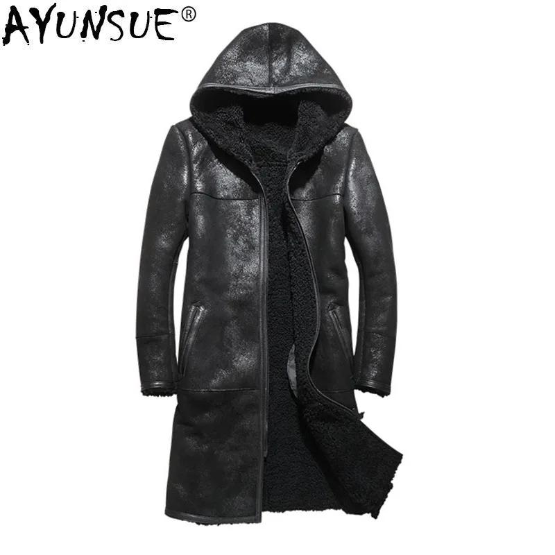 AYUNSUE Натуральная овечья кожа куртка мужская зимняя овечья шерсть пальто Мужская оригинальная Длинная ветровка натуральный мех пальто KJ1413