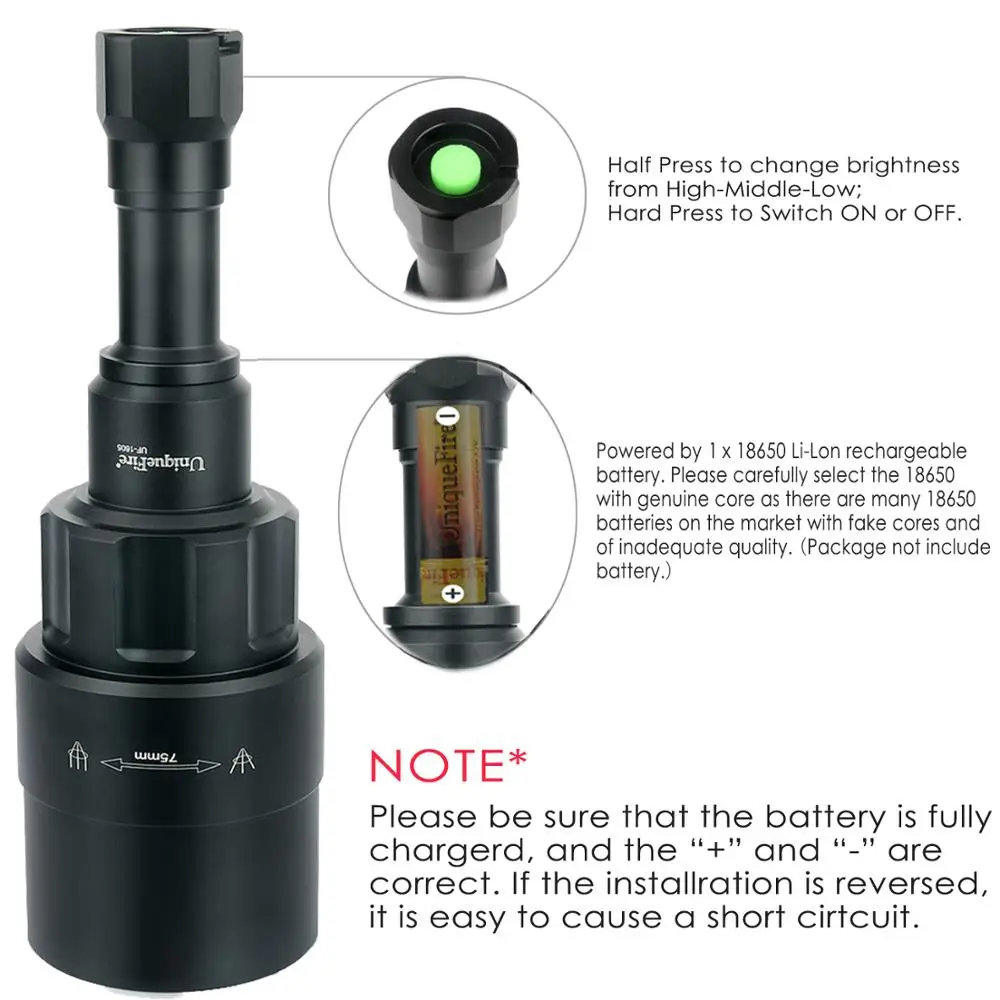  UniqueFire 1605 USB Rechargeable XML T6 LED Flashlight White Light 75mm Convex Lens Focus Adjustabl - 33006930366