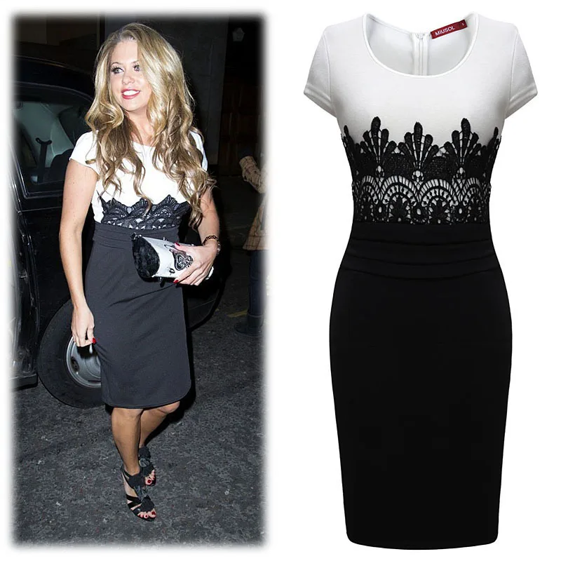 

OL stitching lace dress evening Midi Bodycon Empire Vintage Crochet Lace Square neck Bodycon Fitted Shift Party Pencil Dress