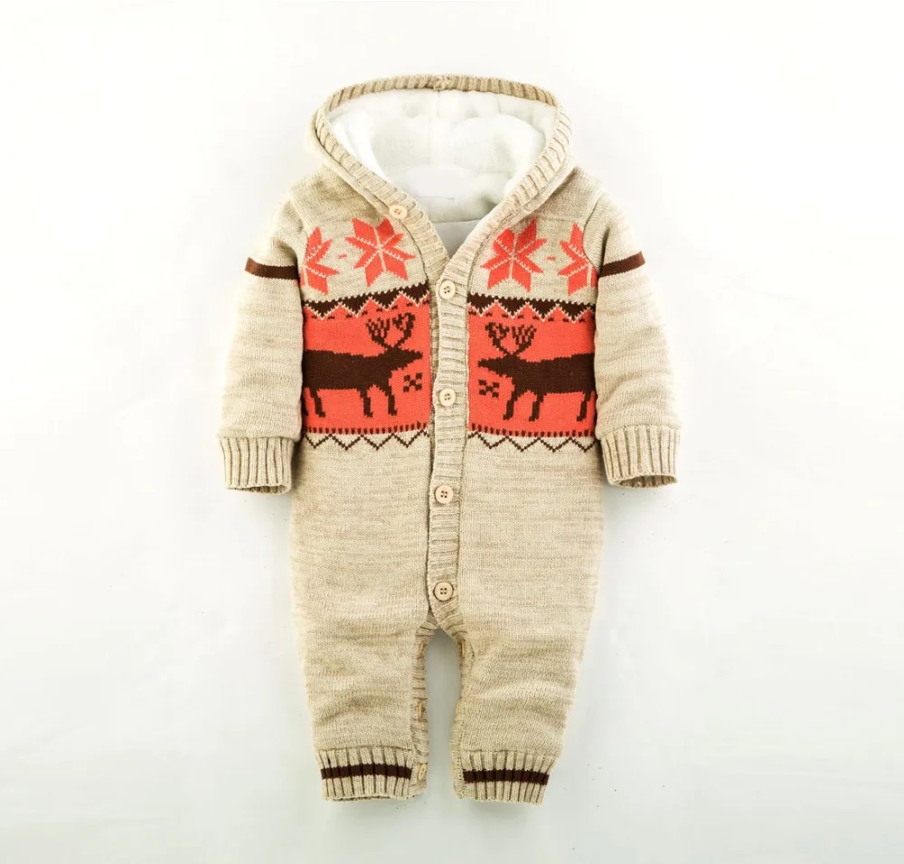

Baby Rompers Winter Thick Climbing Clothes Newborn Boys Girls Warm Romper Knitted Sweater Christmas Deer Hooded Outwear