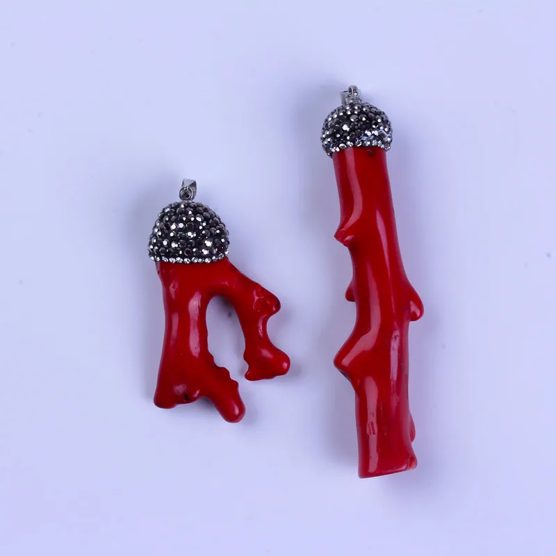 

charms pave rhinestone red color genuine irragular coral pendants necklace diy material for jewelry making for women