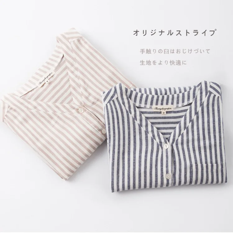 

New Products Shirts 100% Cotton Women Pajamas Long Sleeved Sleep Tops Striped V-Neck Sleeping Wear Sexy Nightgown Sleepshirt