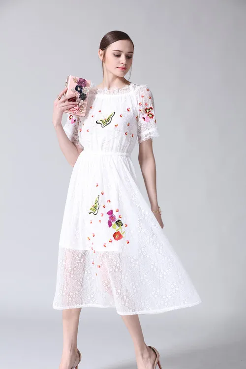 Кружева Вышивка Dress Новая Мода 2017 Летний Стиль Знаменитости Женщин Buttefly Твердые