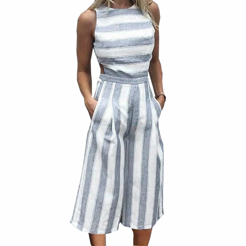 Womens Sleeveless Striped Jumpsuits Casual Boho Beach Wide Leg Pants Rompers Jumpsuit Pockets