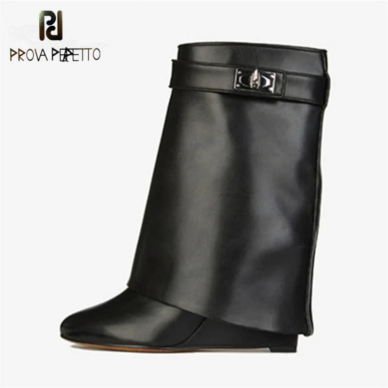 

Prova Perfetto Shark Lock Genuine Leather Women Wedge Boots Height Increasing Fold Over High Boots Ladies Botas Mujer Big Size