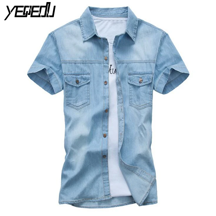 

#4705 2018 Slim Cotton Denim shirt men Fashion Short sleeve Vetement homme Mens clothing Camisa denim hombre Jeans shirt men