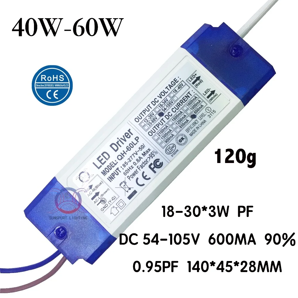 2 Pieces Isolation 40W 60W AC85 277V LED Driver 18 30x3W 600mA DC54 105V High PFC