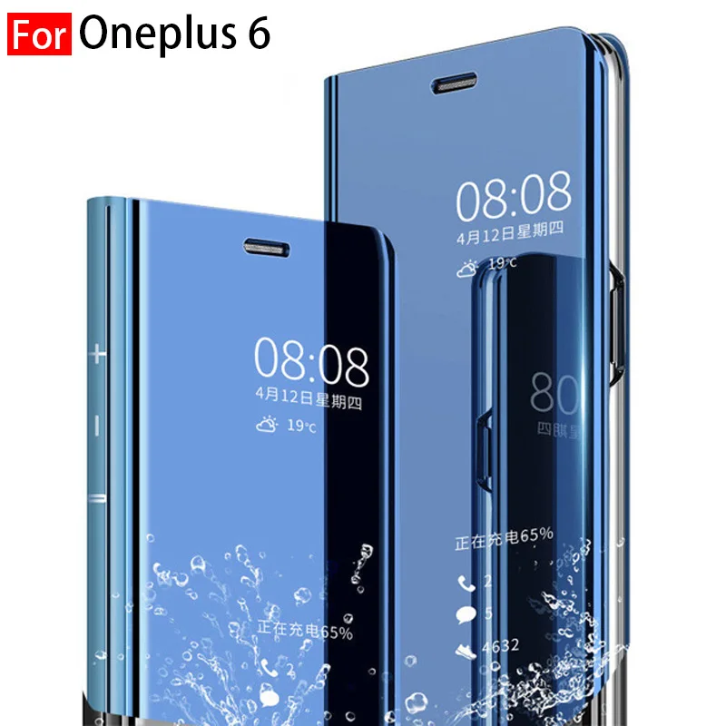 

Clear View Mirror Smart Case For Oneplus Luxury Plating Leather Flip Stand Cover For One plus 6 1+6 Full Protection Phone Case