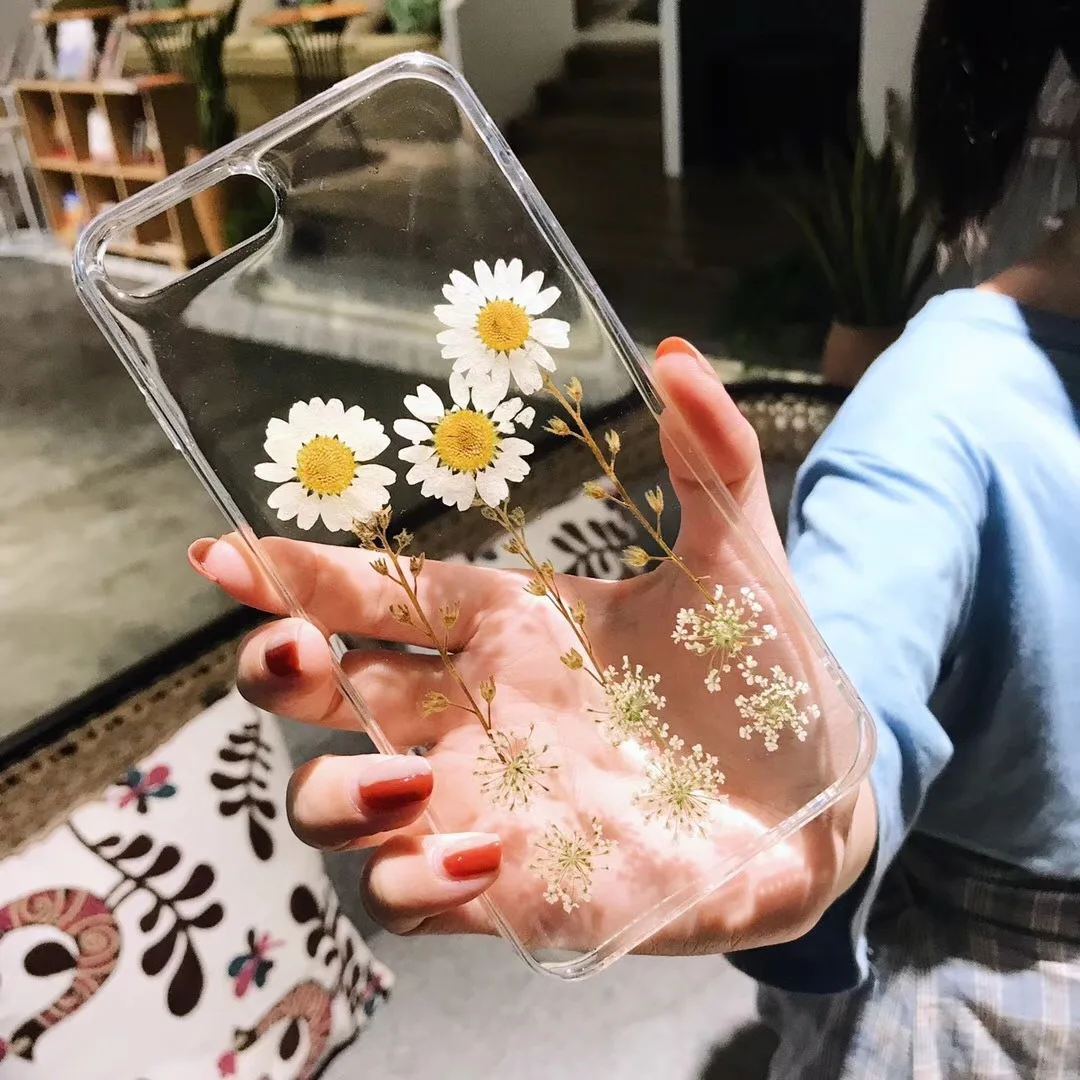 

Natural Real Dried Flowers Phone Case For iPhone XS XR XS Max X 6 6S 7 8 Plus 11 pro max Clear Soft TPU Back Cover Coque