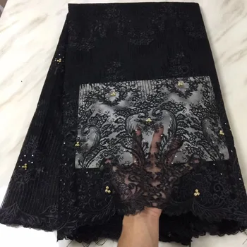 

2018 French Lace Fabric Wedding Black Applique Gold Beads African Tulle Lace Fabric 3D Flowers Embroidered Tulle Lace fabric