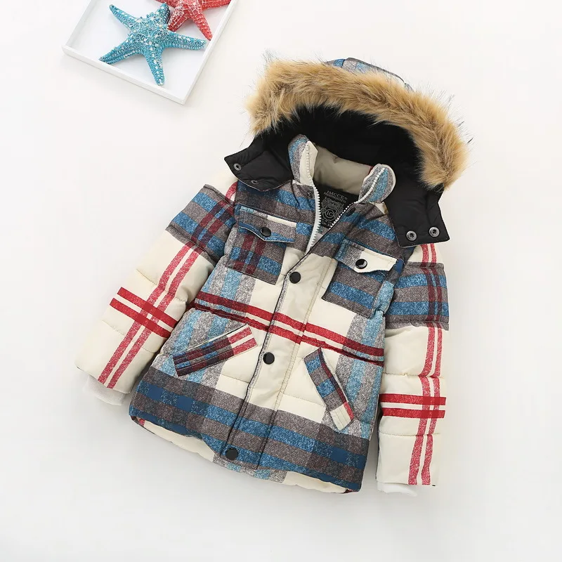Брендовая зимняя куртка-пуховик для девочек, теплая плотная детская парка, Детское пальто в клетку, Высококачественная куртка на синтепоне для мальчиков 2-10 лет - Цвет: Бежевый