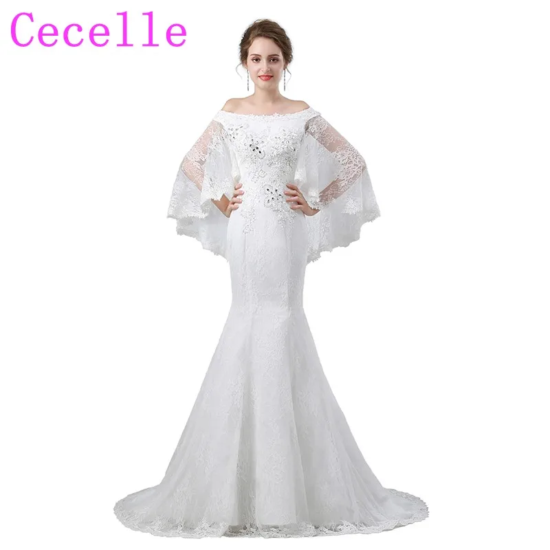 Simple Mermaid Lace Wedding Dresses 2019 With Cape Corset Beaded